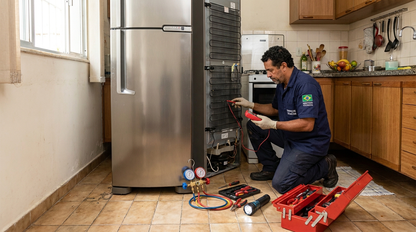 Técnico realizando manutenção de motor de geladeira em Niterói‑RJ