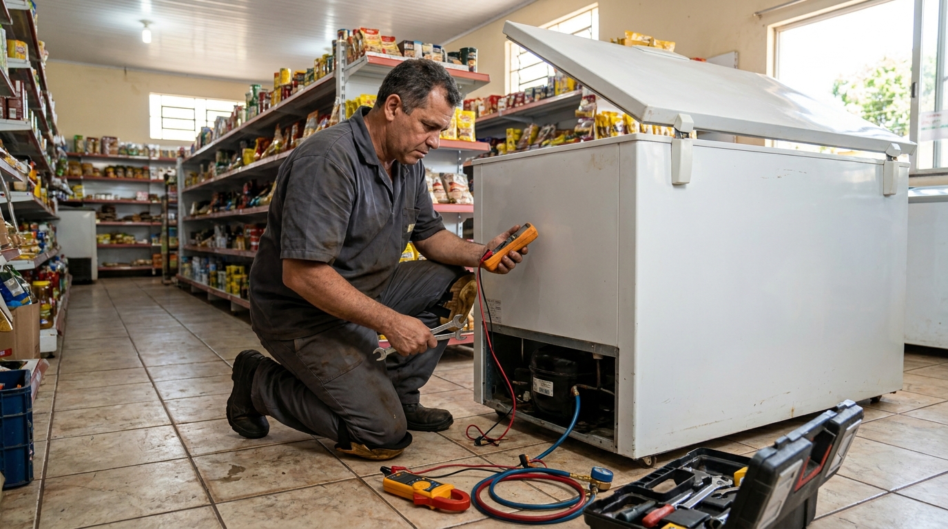 Troca de termostato de freezer em atendimento técnico em Niterói‑RJ